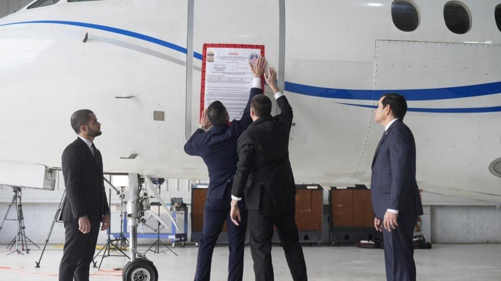 A "seized" sign is placed on a Venezuelan government airplane during a press conference where U.S. Secretary of State Marco Rubio announced its seizure at La Isabela International Airport in Santo Domingo, Dominican Republic, February 6, 2025