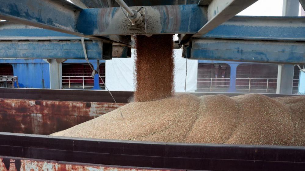 A truck is loaded with wheat from a Russian-flagged ship in the port of Tartous, Syria
