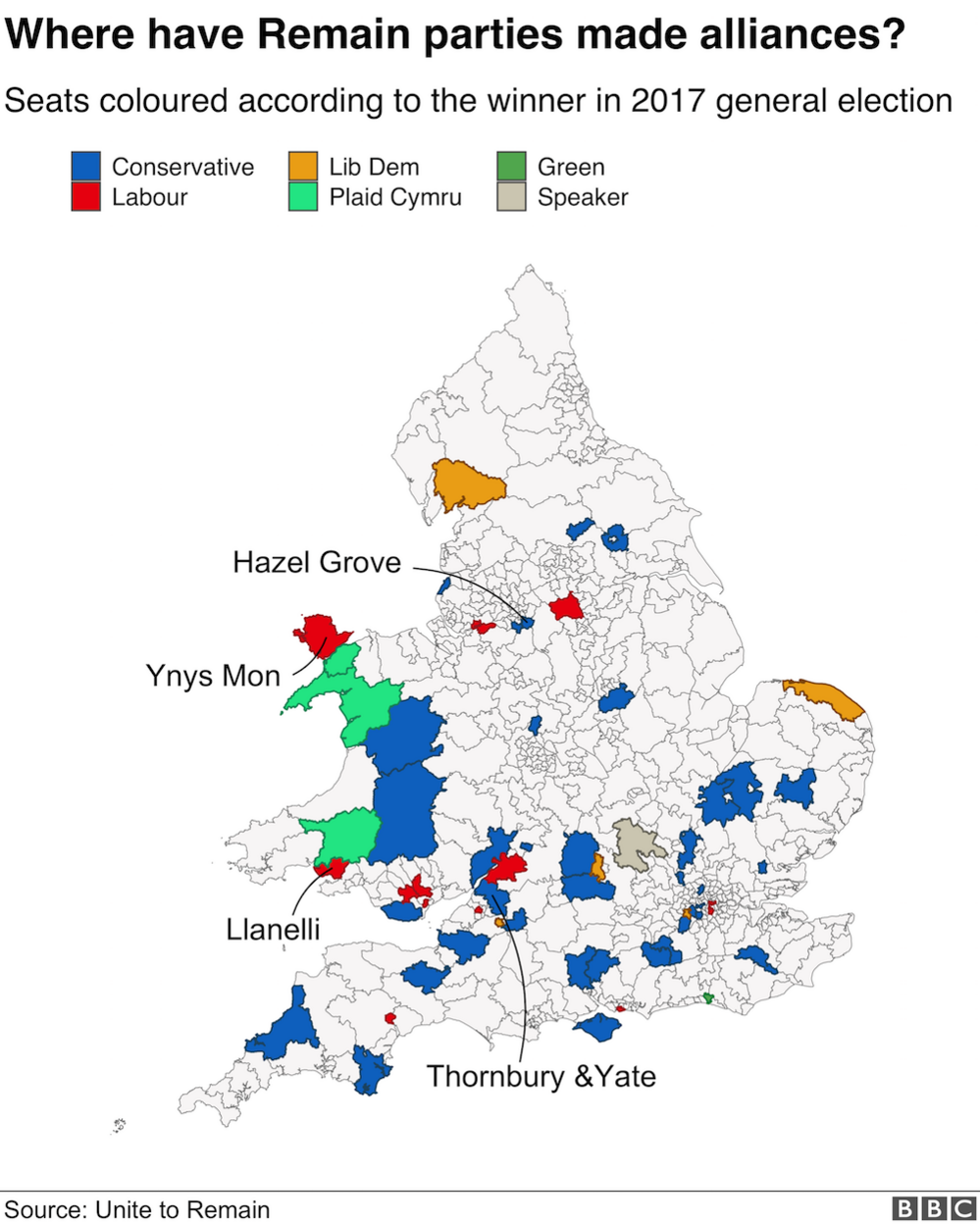 Map of seats affected by the Remain pact