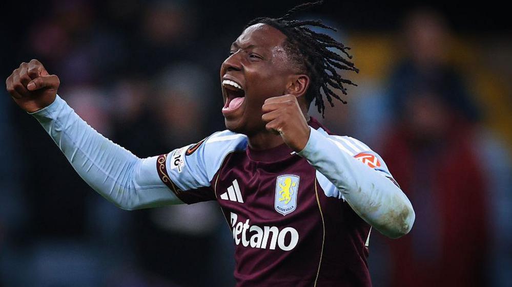 Jamaldeen Jimoh-Aloba celebrates his first senior goal for Aston Villa in the Europa League tie against RB Salzburg