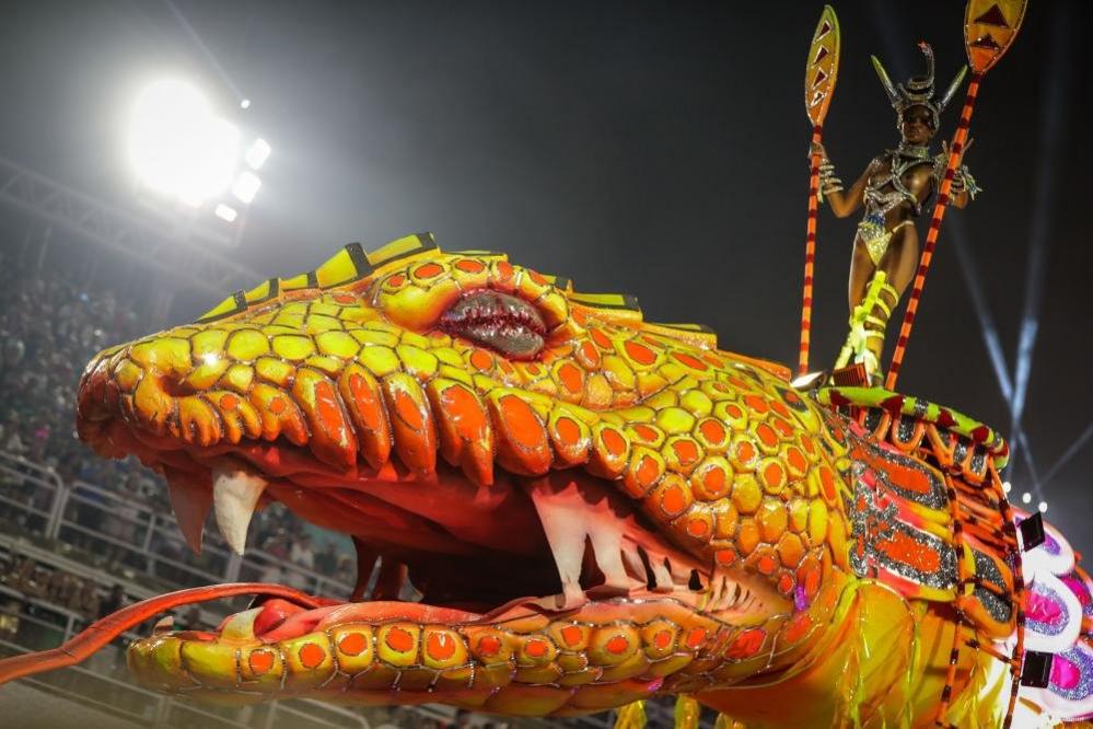 Members of the Unidos do Viradouro samba school parade during the second day of the Rio de Janeiro carnival at the Sambadrome