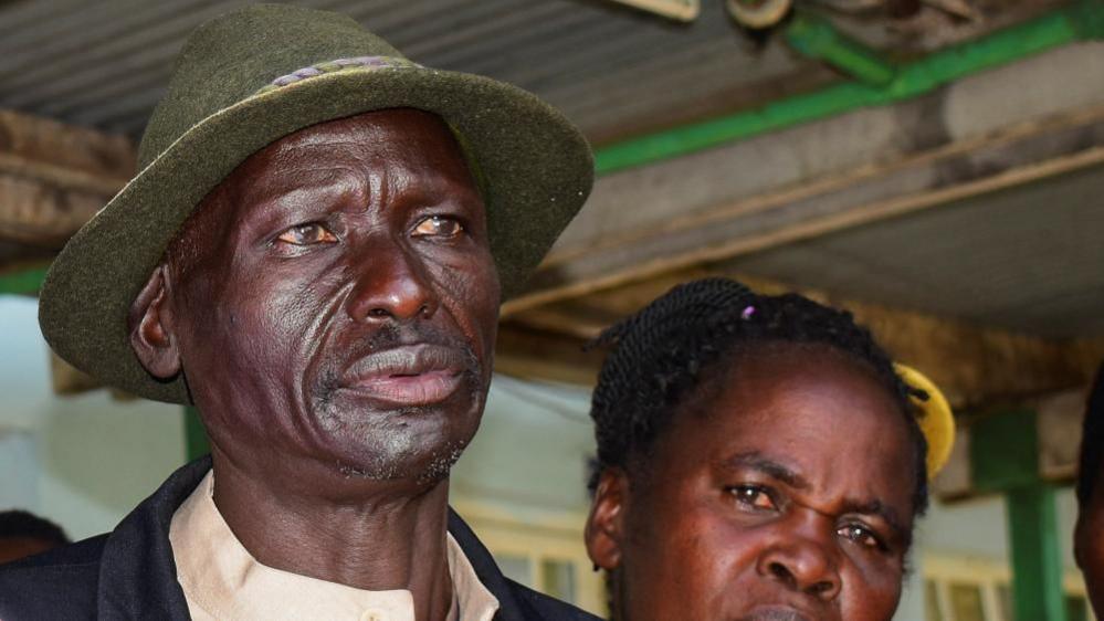 Joseph Cheptegei, father of Ugandan athlete Rebecca cheptegei, who died after her boyfriend set her on fire speaks in Eldoret, Kenya