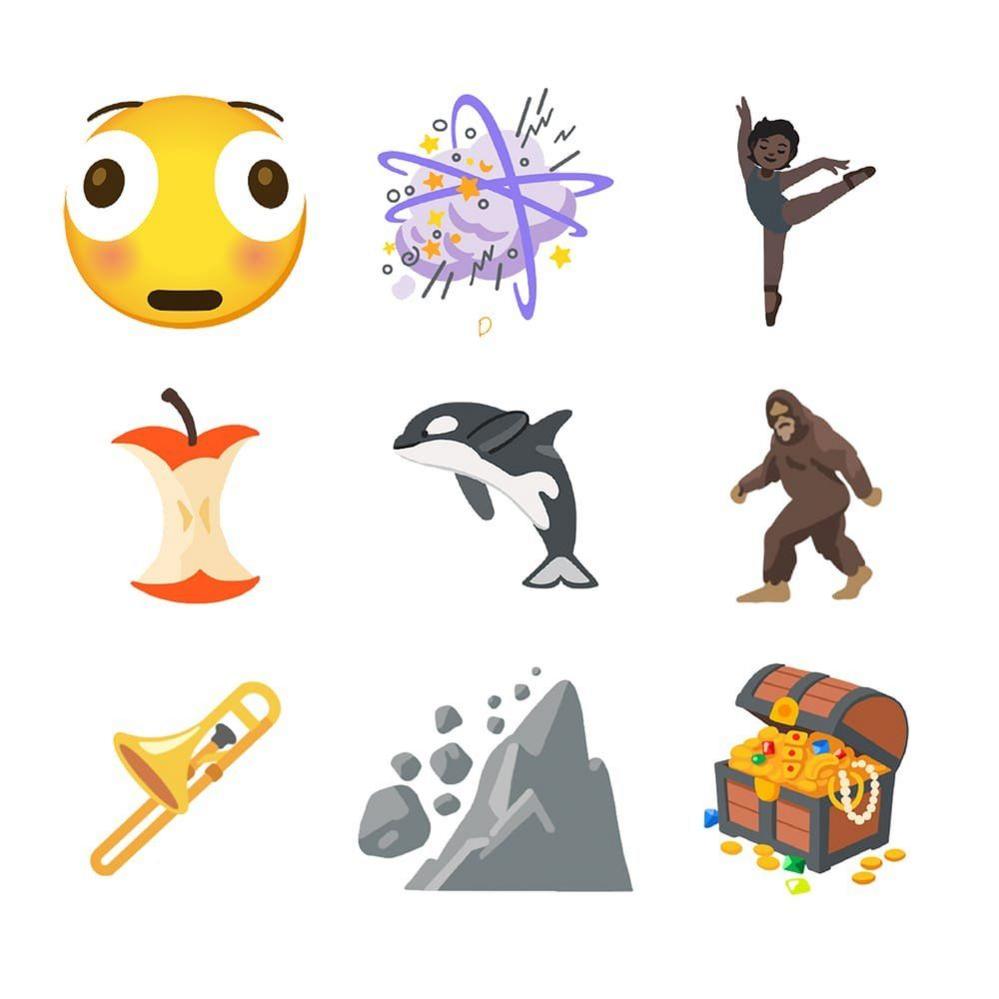 New draft emojis; a distorted face, a 'fight' cloud, a ballet dancer, an apple core, an orca, a hairy creature, a trombone, a landslide, and a treasure chest.