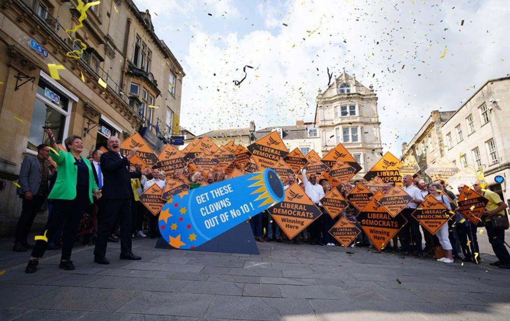 Newly elected Liberal Democrat MP Sarah Dyke with party leader Sir Ed Davey in Frome, Somerset, after winning the Somerton and Frome by-election