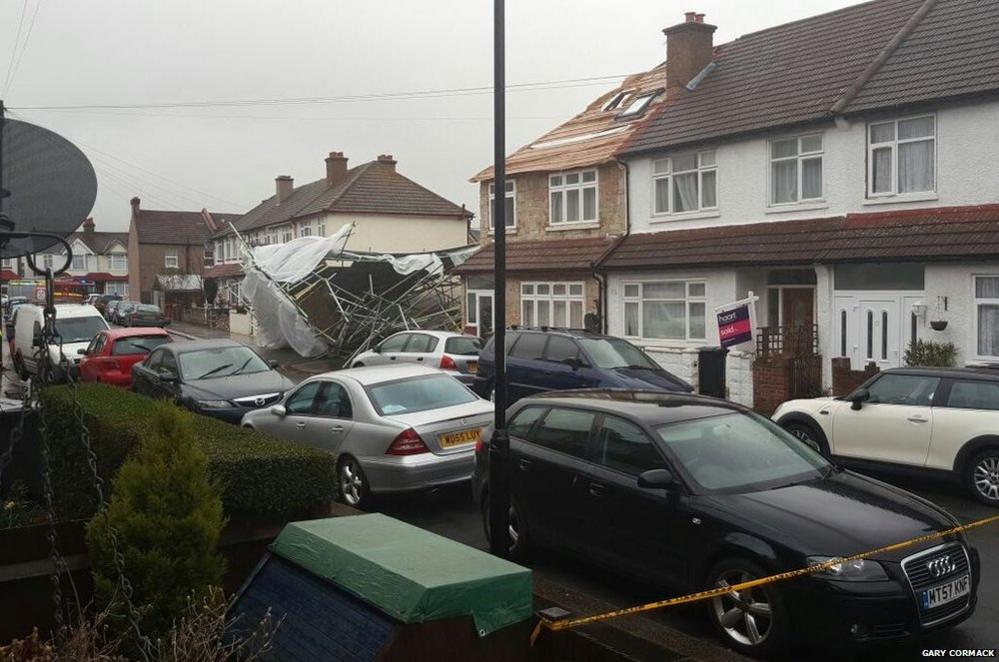 Scaffolding collapse in Croydon, Surrey, after Storm Katie hit. Credit: Gary Cormack