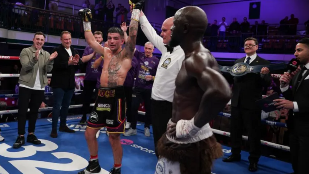 Sam Noakes has his hand raised after beating Yvan Mendy in April