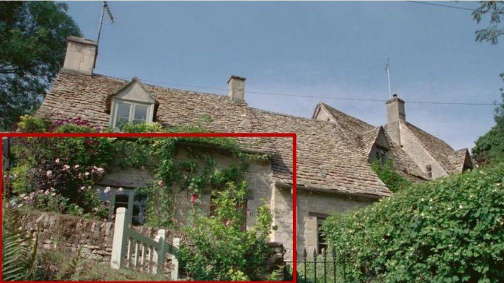 Rosemary Cottage with a red box in the bottom left, highlighting where the stone wall is located