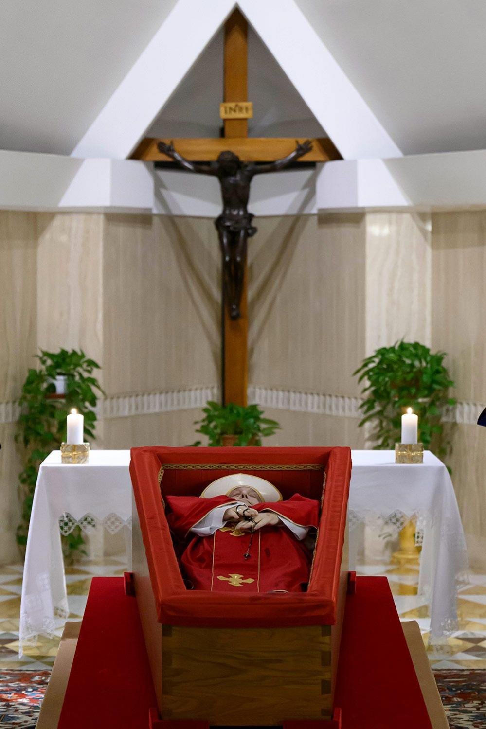 The body of Pope Francis lies in state at the chapel of Casa Santa Marta in Vatican City - April 21 2025