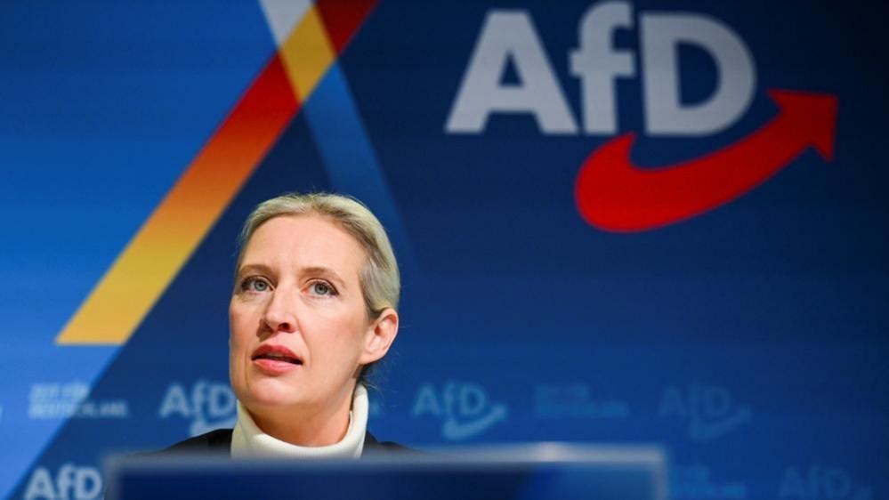 Alice Weidel of Germany's far-right AfD sits behind a lectern at a party conference, with the name of the party emblazoned on the wall behind her