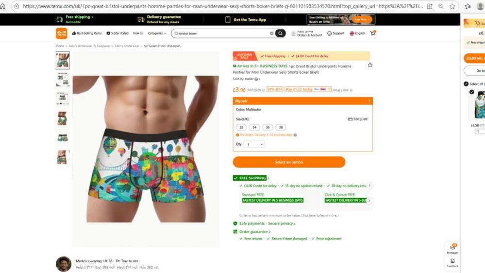 A screenshot of the Temu website shows men's boxer shorts for sale, emblazoned with an artwork by Jenny Urquhart