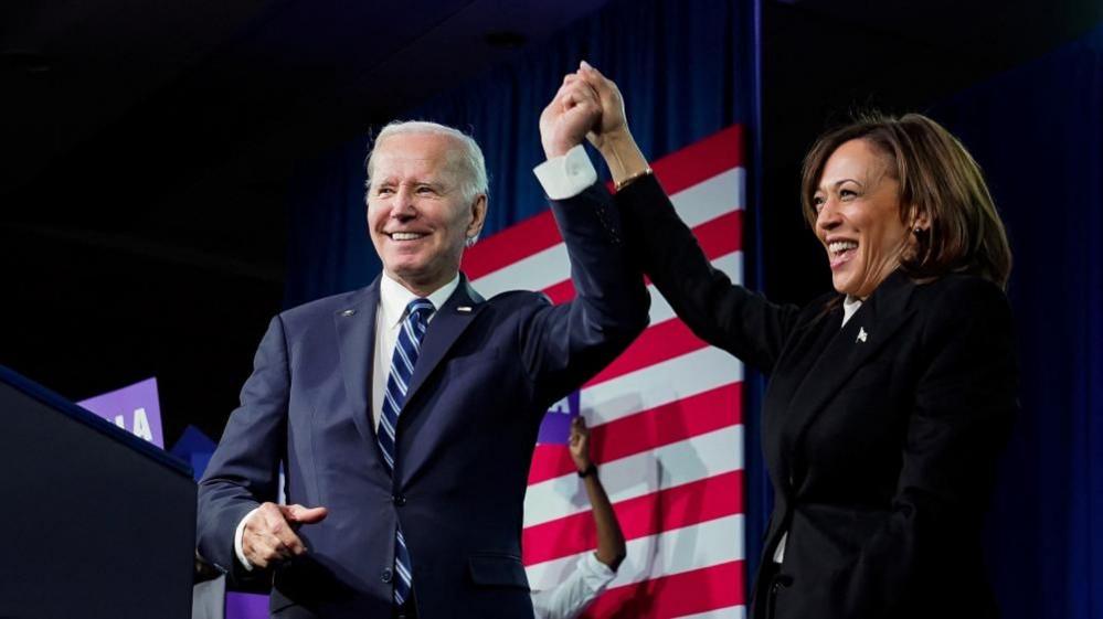 Joe Biden and Kamala Harris at DNC 2023 Winter Meeting in Philadelphia in February 2023