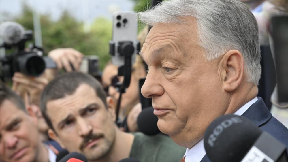 Former Hungarian Prime Minister Viktor Orbán talks to reporters in Budapest. Photo: 13 June 2026