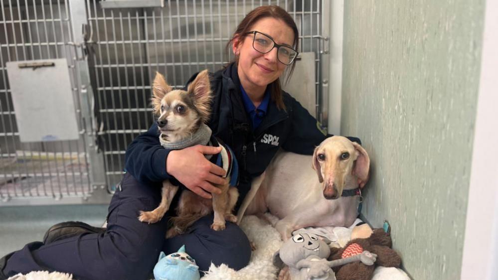 Tiffany Saunders has long auburn hair which is tied back. She is wearing a navy blue top and trousers and is holding a small dog in one arm and Peanut with the other. They are in a metal kennel surrounded by toys