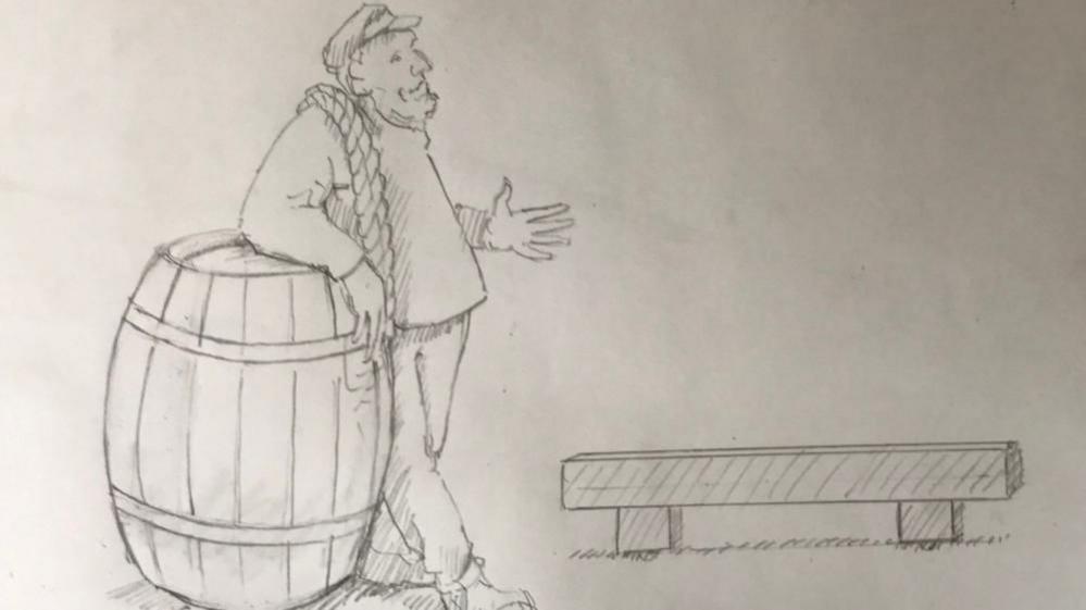 A pencil drawing of a man in fisherman's clothes with a rope over his shoulder leaning on barrel near a bench.