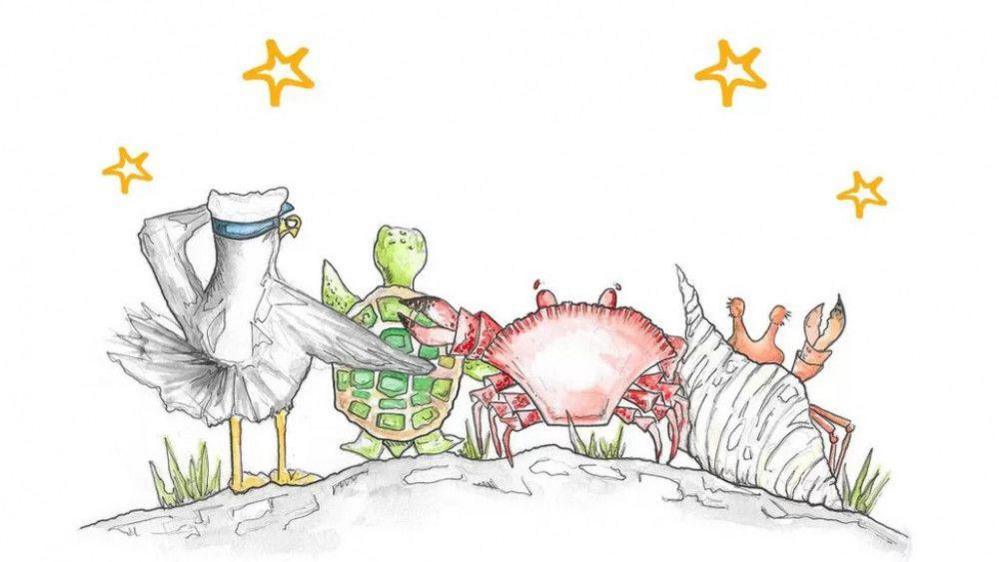 A watercolour painting depicting the backs of a seagull wearing a captain's hat, turtle, crab and hermit crab. They all have their arms, wings, and claws around each other, looking into the distance. There are four yellow stars above them.  