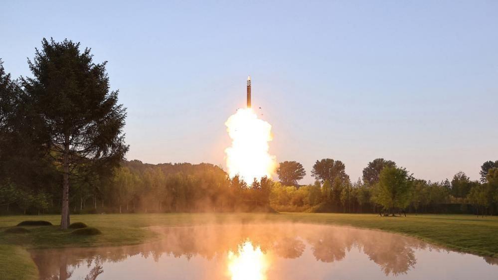 A view of an individual mobile combat separation and guidance control test conducted by the the Democratic People's Republic of Korea's Missile General Directorate at unknown location according to KCNA (Korean Central News Agency), in this image released by the Korean Central News Agency on June 26, 2024.