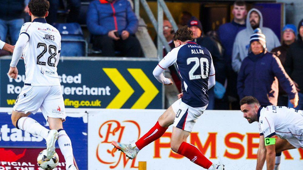 Falkirk's Connor Allan scores to make it 2-1 during a William Hill Premiership match between Falkirk and Dundee at the Falkirk Stadium, on October 25, 2025, in Falkirk,