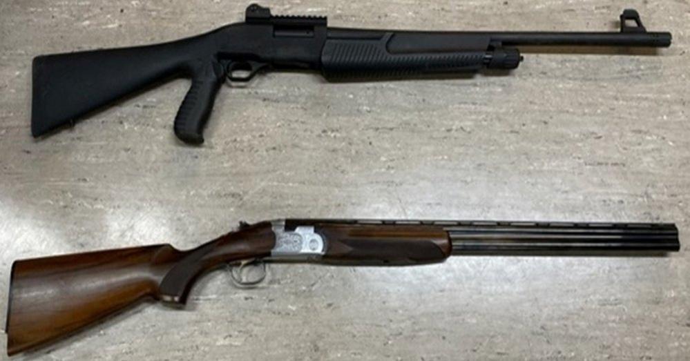 Weatherby pump-action shotgun (top) used by Jake Davison above a standard sporting style twin-barrel shotgun