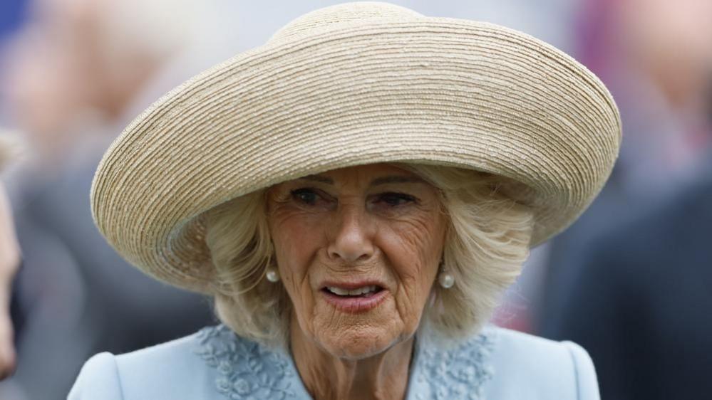 Queen Camilla in attendance at York Racecourse on 23 August 2025 in York, England.