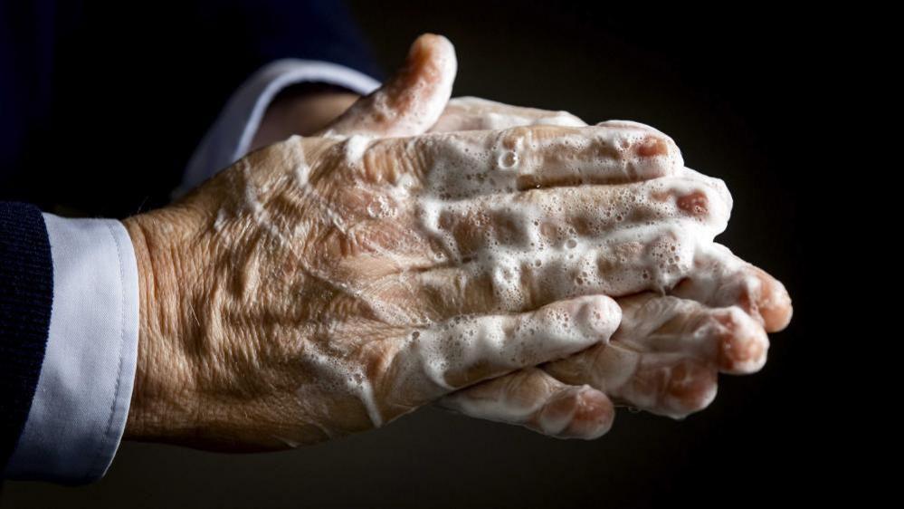Sudsy hands are clasped together in a handwashing motion.