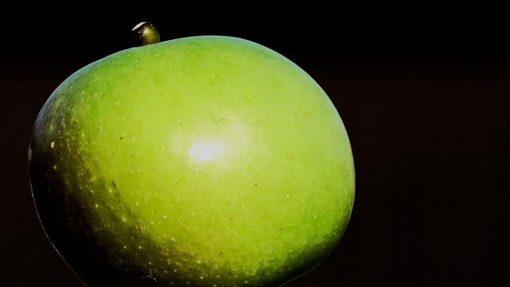 A large green apple and a black background.