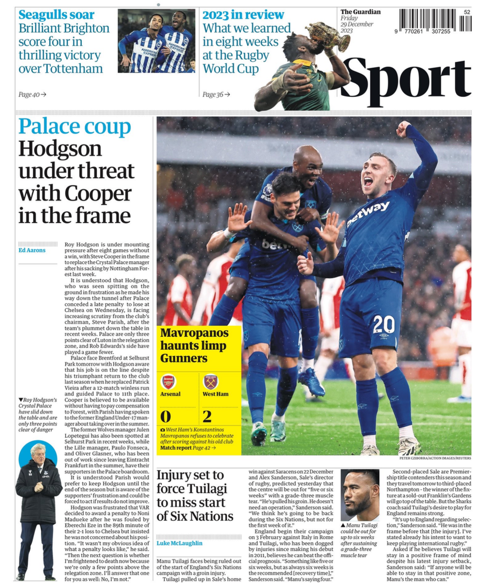 Guardian sports section - Friday 29 December 2023