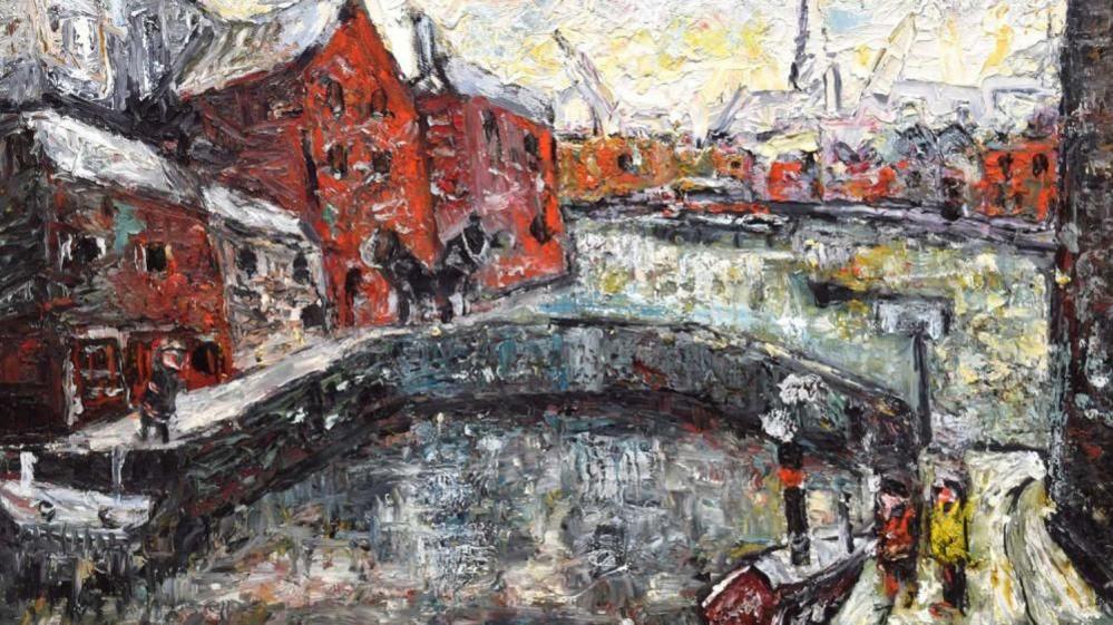 An oil painting of Bristol docks with a bridge going over a waterway and building in the background.