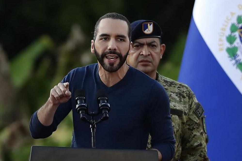 President Nayib Bukele speaks to members of the military, in Ciudad Arce, El Salvador, 23 November 2022.