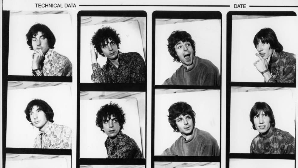 Contact sheet showing heads of Pink Floyd band members Nick Mason, Syd Barrett, Richard Wright and Roger Waters