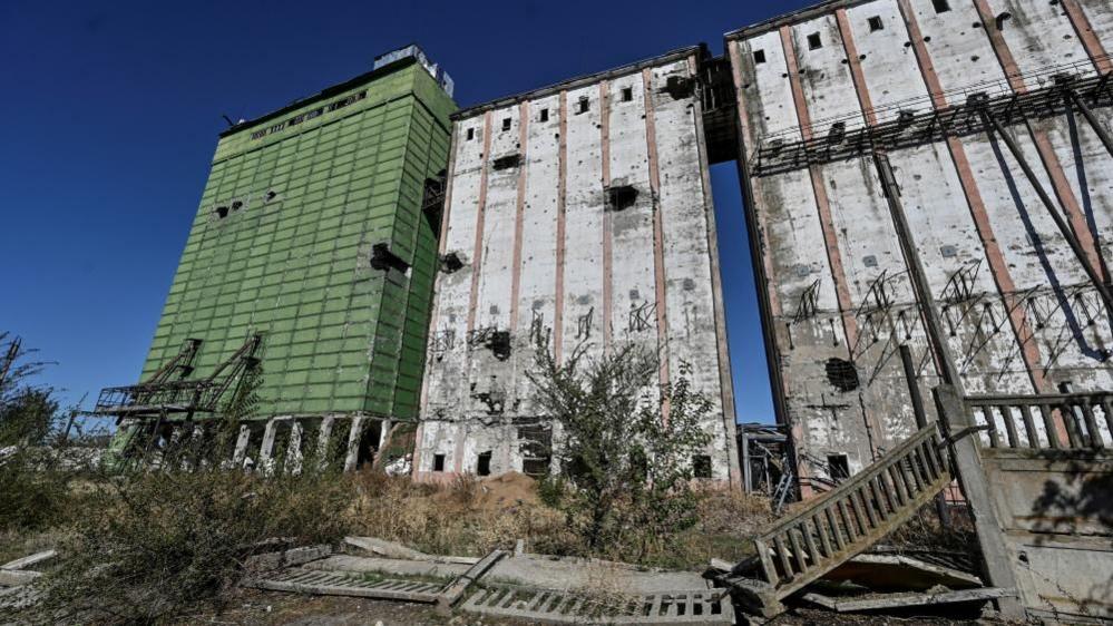 A view shows a grain elevator damaged by Russian military strikes in the town of Orikhiv, amid Russia's attack on Ukraine, near a front line in Zaporizhzhia region, Ukraine October 9, 2024