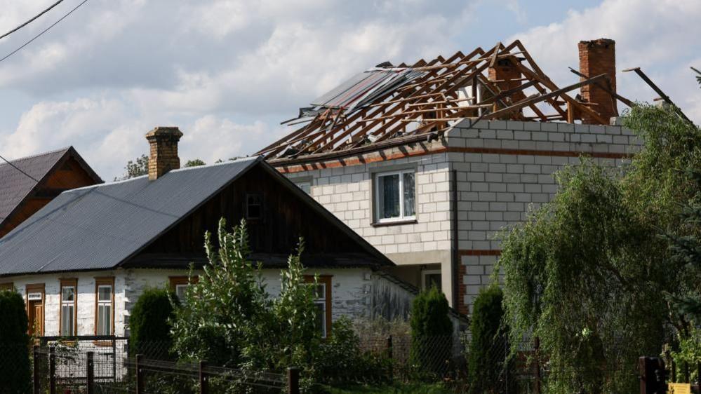 A destroyed roof of a house in Wyryki, Poland's eastern Lublin region, after Russian drones violated Polish airspace. Photo: 10 September 2025