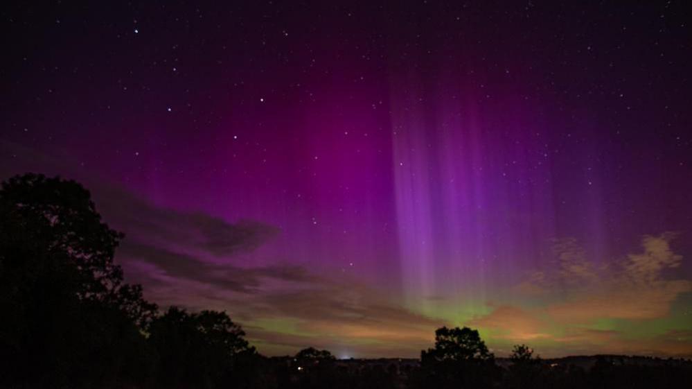 A purple and green sky with clouds and stars visible and trees silhouetted 