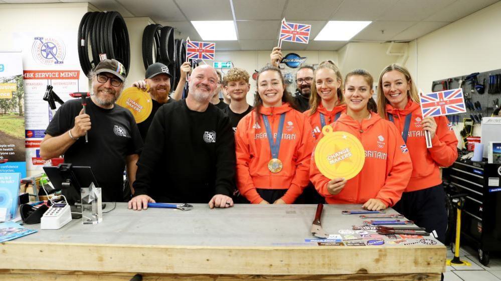 Olympic gold medallists Katy Marchant, Josie Knight and Sophie Capewell join a group in a workshop