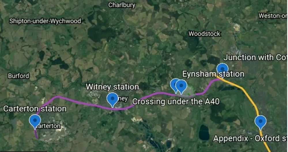 A google earth satellite picture shows the potential route the rail link could take, going from Oxford to a new station in Eynsham, crossing under the A40 to Witney and going on to Carterton.