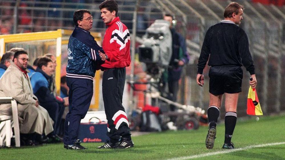 Graham Taylor reacts during England's game with Holland in qualifying for 1994 World Cup
