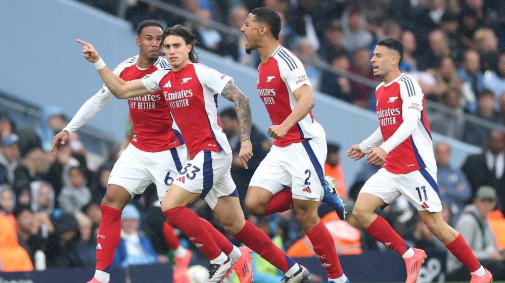 Riccardo Calafiori celebrates scoring against Manchester City