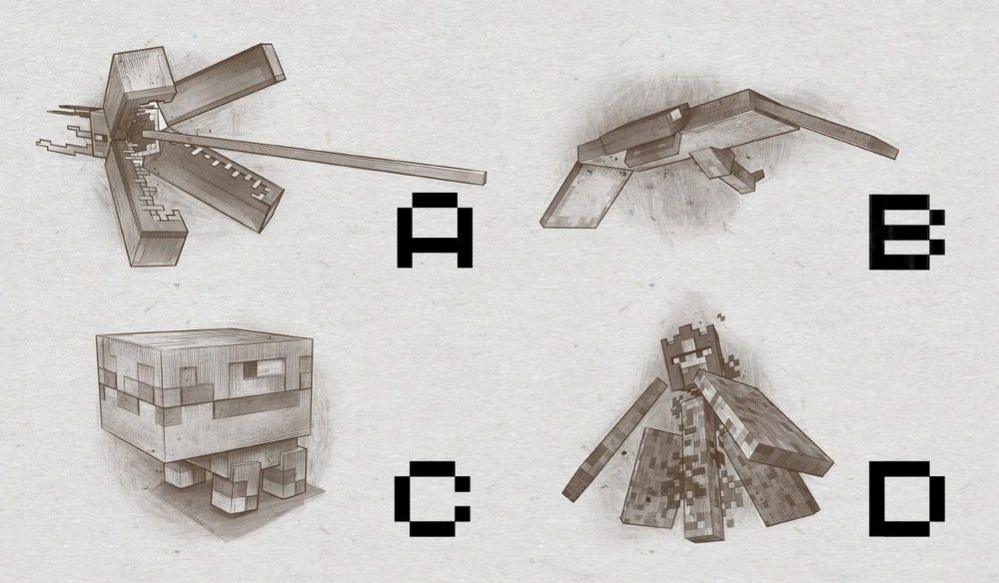 drawings of The Barnacle, The Phantom, The Great Hunger and The Wildfire in Minecraft.