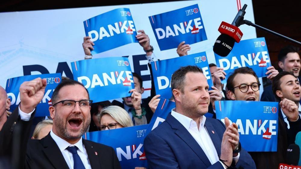 Members of the Freedom Party of Austria (FPOe) celebrate early voting results during parliamentary elections in Vienna, Austria, 29 September 2024.