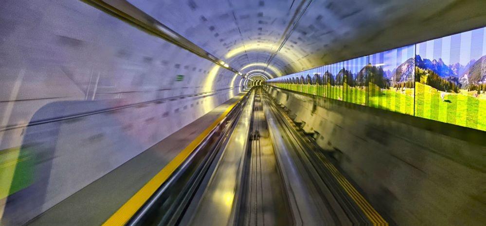 Inside a rail tunnel at an airport