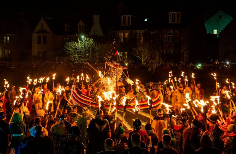 Youngsters take part in the torch procession in the Junior Up Helly Aa in Lerwick on the Shetland Isles during the Up Helly Aa festival