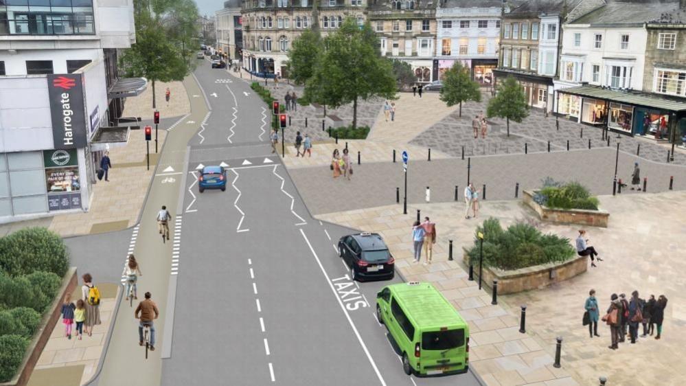 An artists' impression of the Harrogate town centre from above. The train station is on the left, with new footpaths and a bike lane drawn in. 