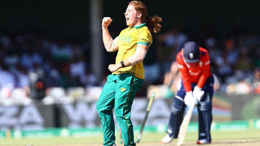 South Africa's Nadine de Klerk celebrates a wicket against England
