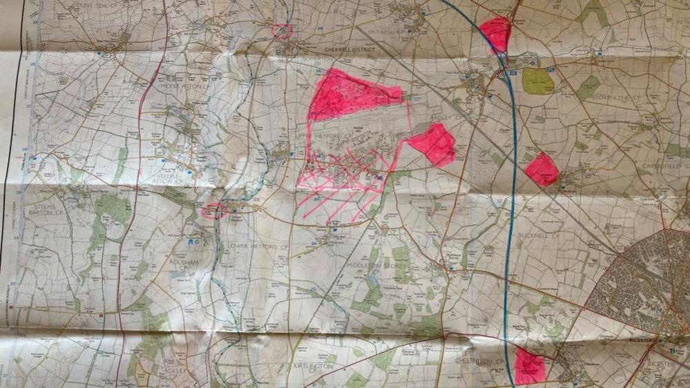 A map with pink blobs, showing where all the big developments will be.