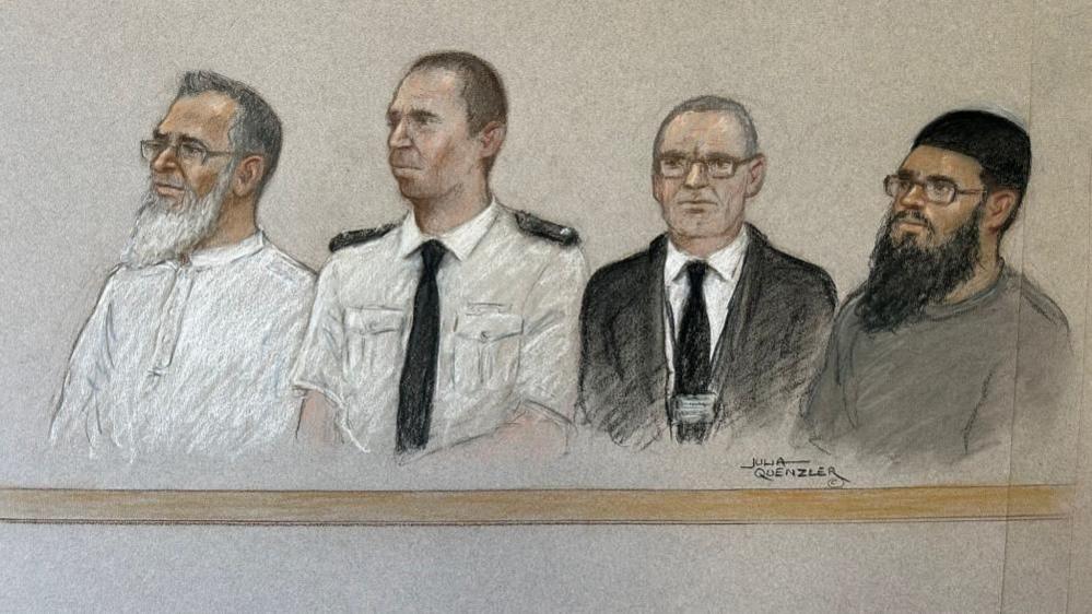 A courtroom sketch of Choudary and Mr Hussein, seated with two officers between them