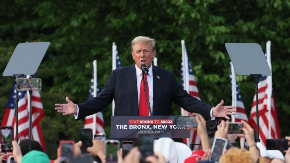 Former U.S. President and Republican presidential candidate Donald Trump holds a campaign rally at Crotona Park in the Bronx