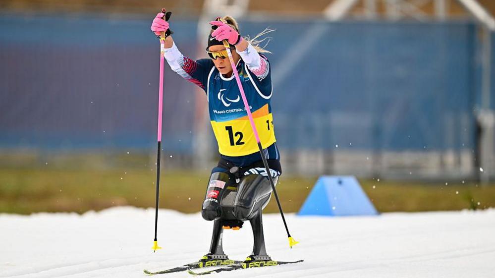 American seated skier Oksana Masters in action at the Winter Paralympics