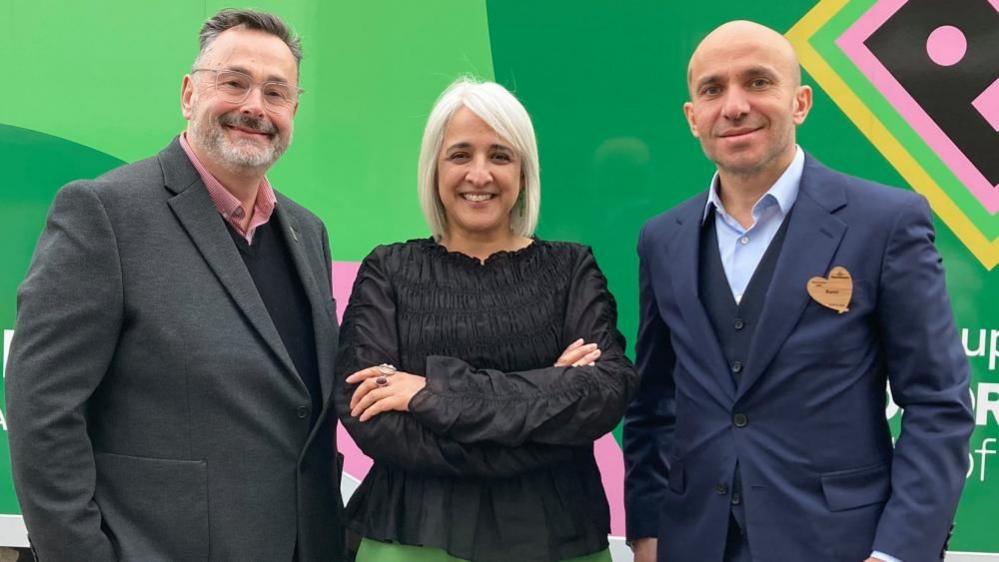 Bradford 2025 CEO Daniel Bates at the launch event with Creative Director Shanaz Gulzar and Morrisons CEO Rami Baitieh