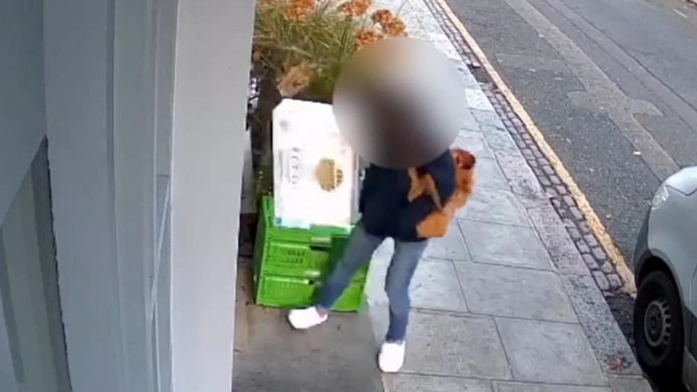 Woman in blue jeans and black coat lifts white box from behind planter and green crates. Her face is blurred. The camera shot is taken from above and shows part of the sidewalk and road.