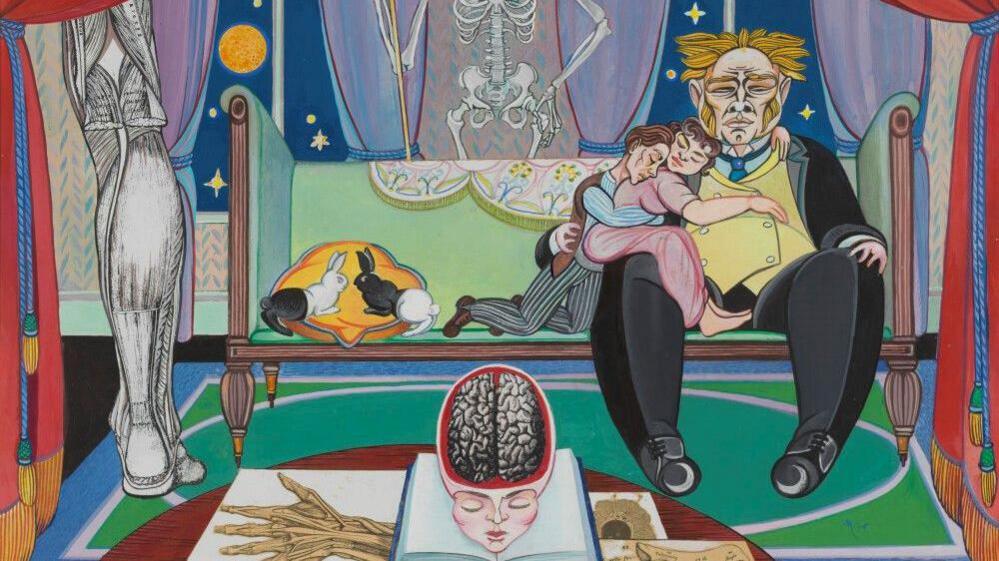 Poor Things (1992) by Alasdair Gray - it is a colourful but bizarre painting with a large man sitting on a fancy sofa, with a miniature man and woman cuddled into him, some half black-half white rabbits, a head with a cross-section of a brain and a skeleton.