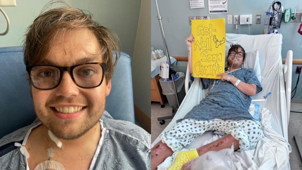 Charlie Vincent with dark hair and glasses in a hospital bed, and also shown with a Get Well card